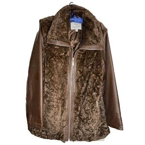 Dennis Basso Faux Leather Fur Full Zip Jacket Vest Brown Removable Sleeves Large